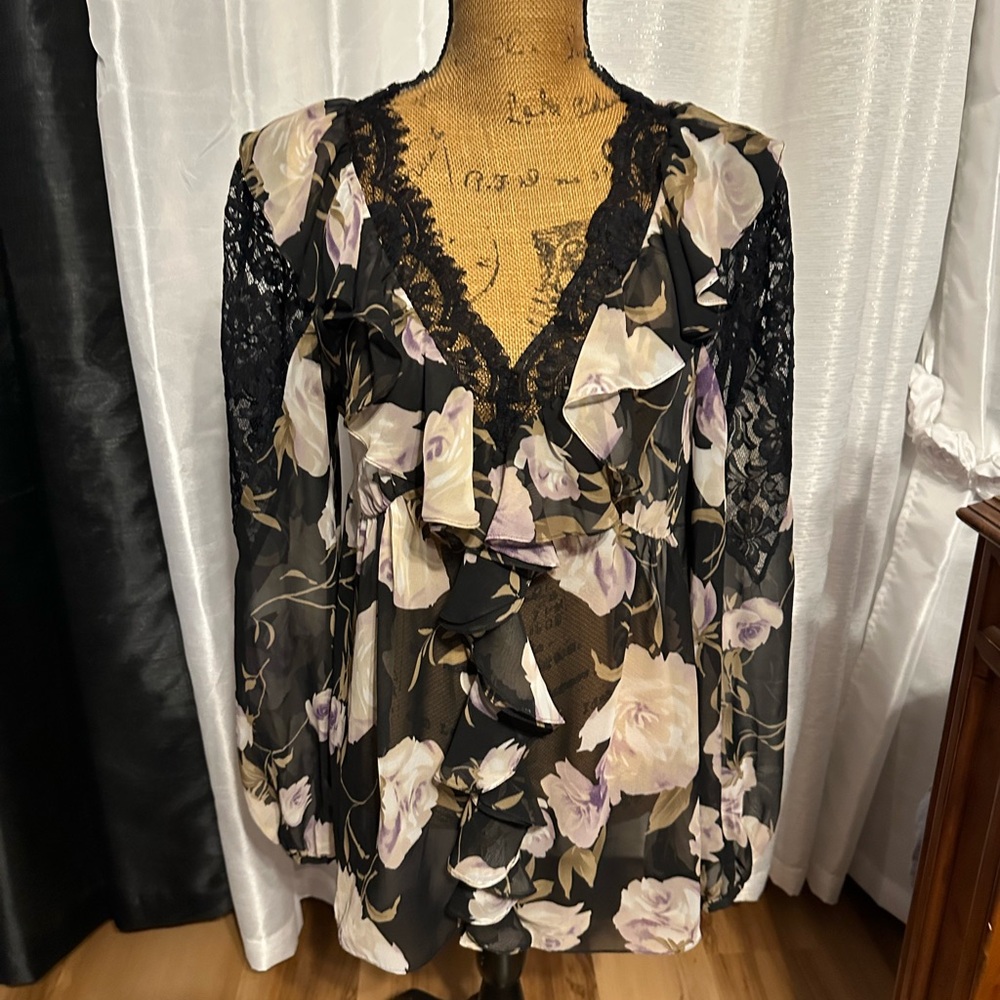 Boston Proper Black Floral Lace Blouse